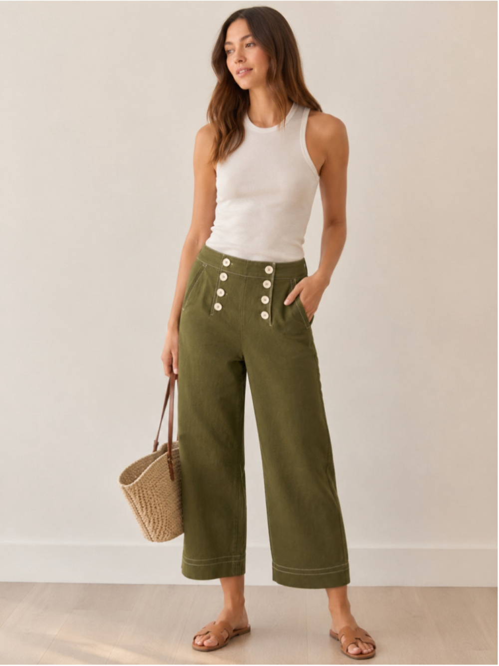 J.Crew Olive Green Sailor Button Cropped Wide-Leg Pants – Size 6